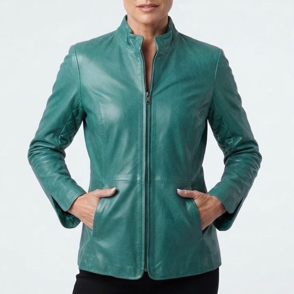Vintage Pamela McCoy Stand Collar Teal Green Leather Zip Front Jacket Size L